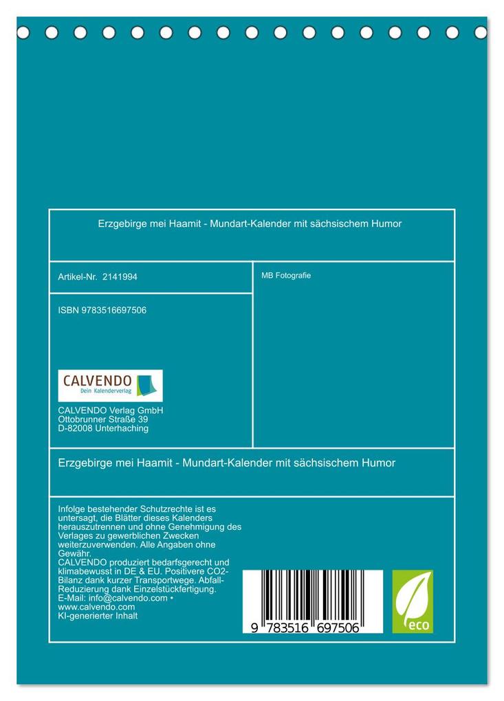 Weitere Ansicht: Erzgebirge mei Haamit - Mundart-Kalender mit sächsischem Humor (Tischkalender 2026 DIN A5 hoch), CALVENDO Monatskalender | MB Fotografie, Calvendo