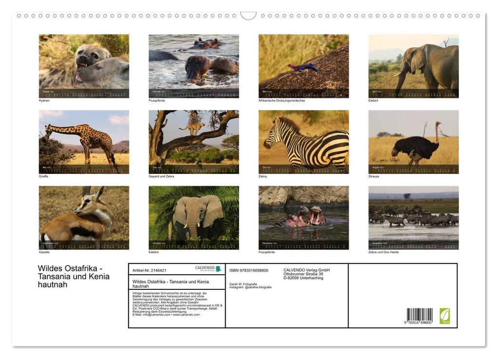Weitere Ansicht: Wildes Ostafrika - Tansania und Kenia hautnah (Wandkalender 2026 DIN A2 quer), CALVENDO Monatskalend | Sarah W. Fotografie, Calvendo