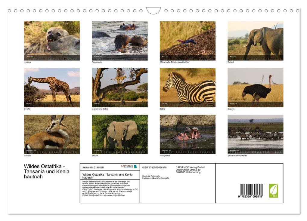 Weitere Ansicht: Wildes Ostafrika - Tansania und Kenia hautnah (Wandkalender 2026 DIN A3 quer), CALVENDO Monatskalend | Sarah W. Fotografie, Calvendo