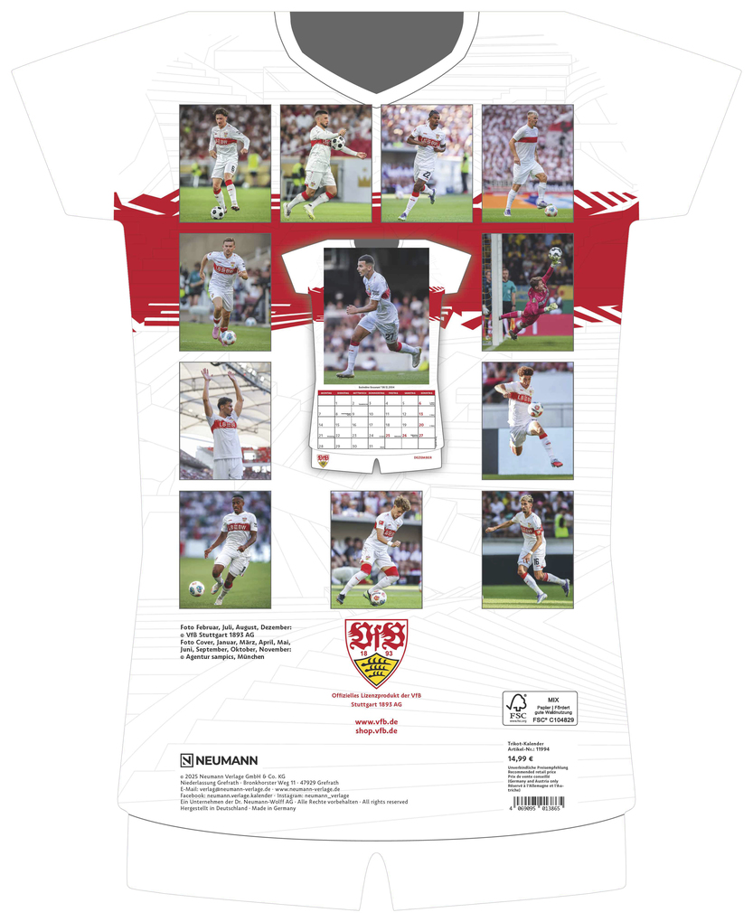 Weitere Ansicht: VfB Stuttgart 2026 - Trikotkalender 34x42 cm mit 12 Monatsblättern, 2-sprachigem Kalendarium & Spiralbindung, origineller Fußball-Wandkalender in Trikotform für Fans | Neumann Verlage GmbH & Co. KG