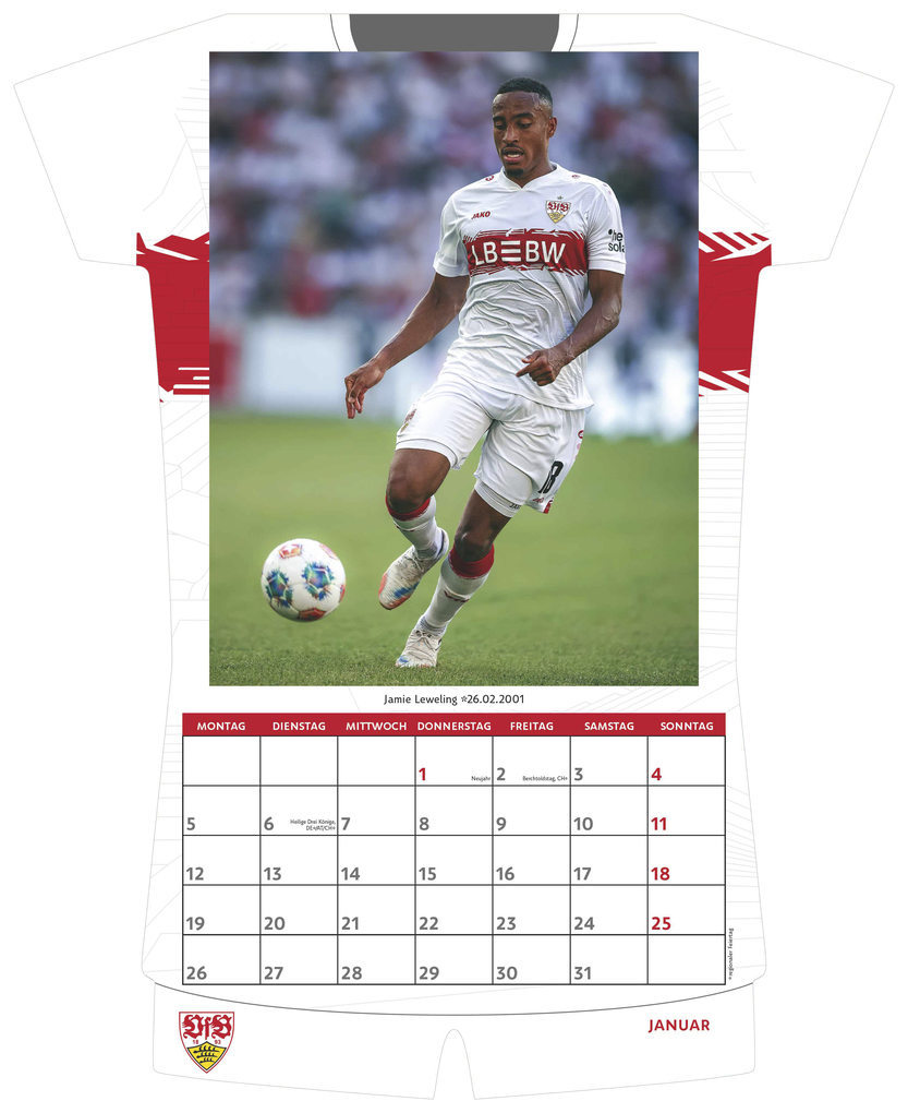 Weitere Ansicht: VfB Stuttgart 2026 - Trikotkalender 34x42 cm mit 12 Monatsblättern, 2-sprachigem Kalendarium & Spiralbindung, origineller Fußball-Wandkalender in Trikotform für Fans | Neumann Verlage GmbH & Co. KG