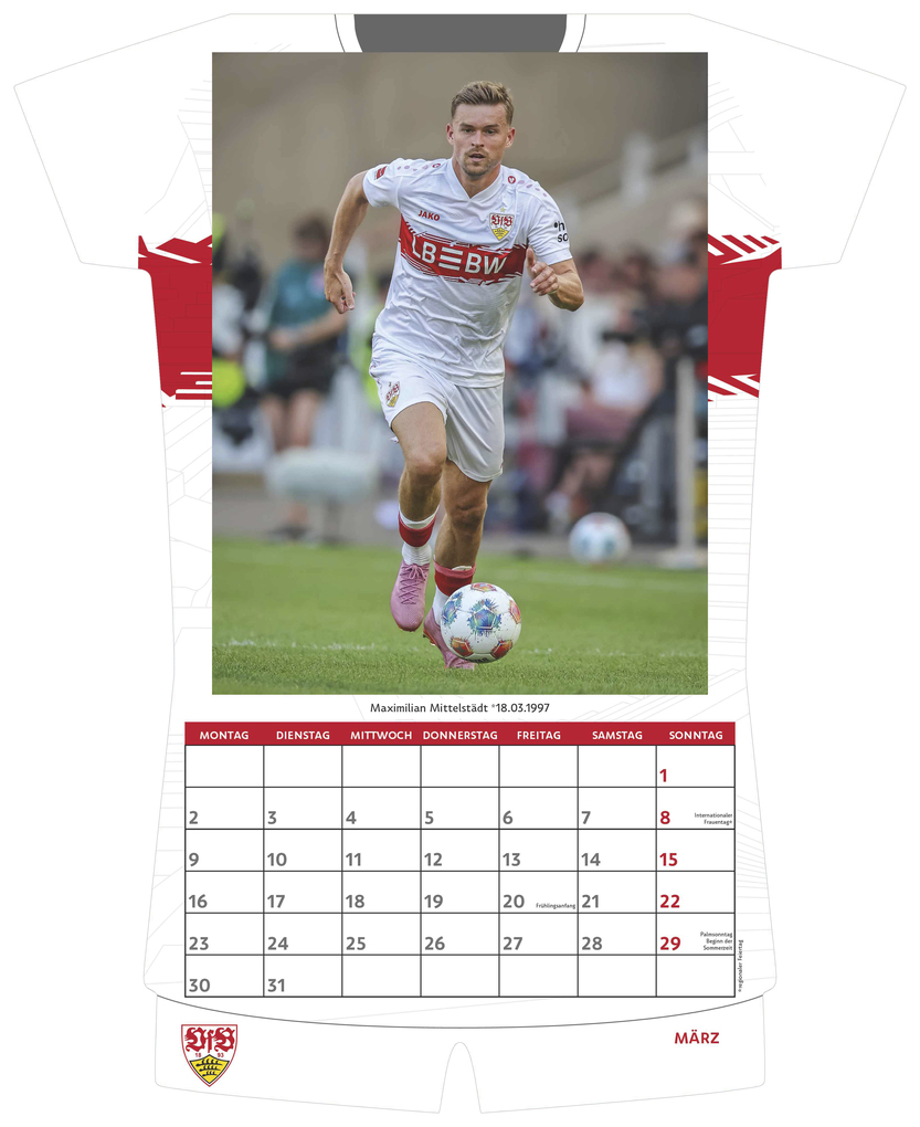 Weitere Ansicht: VfB Stuttgart 2026 - Trikotkalender 34x42 cm mit 12 Monatsblättern, 2-sprachigem Kalendarium & Spiralbindung, origineller Fußball-Wandkalender in Trikotform für Fans | Neumann Verlage GmbH & Co. KG