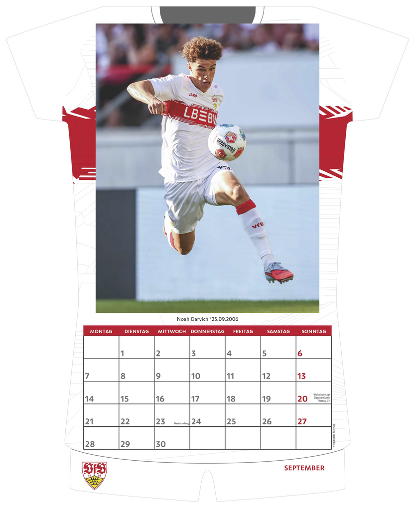 Weitere Ansicht: VfB Stuttgart 2026 - Trikotkalender 34x42 cm mit 12 Monatsblättern, 2-sprachigem Kalendarium & Spiralbindung, origineller Fußball-Wandkalender in Trikotform für Fans | Neumann Verlage GmbH & Co. KG
