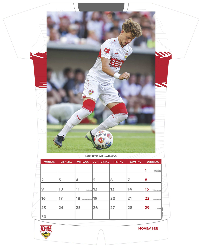 Weitere Ansicht: VfB Stuttgart 2026 - Trikotkalender 34x42 cm mit 12 Monatsblättern, 2-sprachigem Kalendarium & Spiralbindung, origineller Fußball-Wandkalender in Trikotform für Fans | Neumann Verlage GmbH & Co. KG