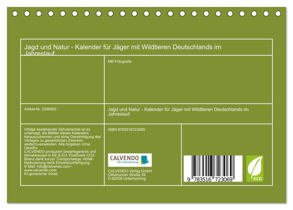 Weitere Ansicht: Jagd und Natur - Kalender für Jäger mit Wildtieren Deutschlands im Jahreslauf (Tischkalender 2026 DIN A5 quer), CALVENDO Monatskalender | MB Fotografie, Calvendo