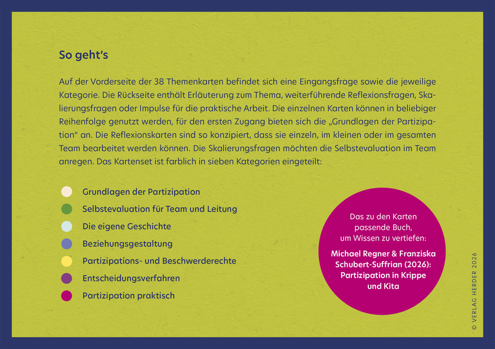 Weitere Ansicht: Partizipation in Krippe und Kita. 40 Reflexionskarten für die Teamarbeit | Franziska Schubert-Suffrian, Michael Regner