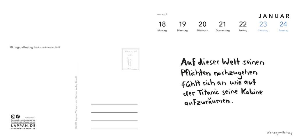 Weitere Ansicht: kriegundfreitag: Postkartenkalender 2027 | @kriegundfreitag