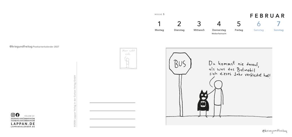 Weitere Ansicht: kriegundfreitag: Postkartenkalender 2027 | @kriegundfreitag