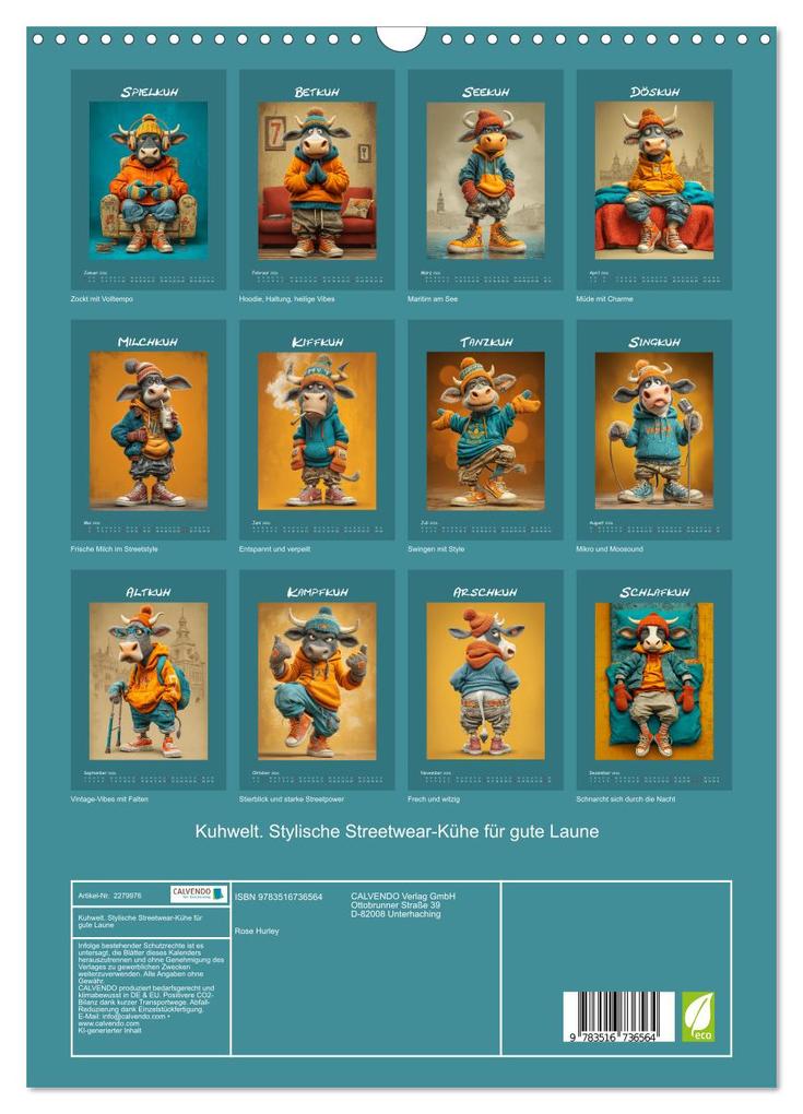 Weitere Ansicht: Kuhwelt. Stylische Streetwear-Kühe für gute Laune (Wandkalender 2026 DIN A3 hoch), CALVENDO Monatskalender | Rose Hurley, Calvendo