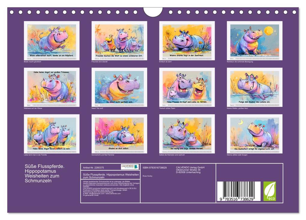 Weitere Ansicht: Süße Flusspferde. Hippopotamus Weisheiten zum Schmunzeln (Wandkalender 2026 DIN A4 quer), CALVENDO Monatskalender | Rose Hurley, Calvendo