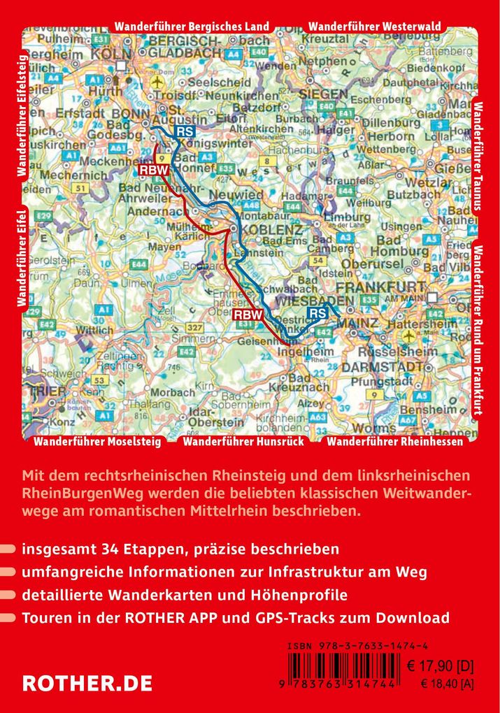 Weitere Ansicht: ROTHER Wanderführer Rheinsteig - RheinBurgenWeg. 34 Etappen auf den Weitwanderwegen rechts und links des romantischen Mittelrheins | Jürgen Plogmann