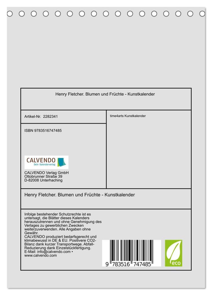 Weitere Ansicht: Henry Fletcher. Blumen und Früchte - Kunstkalender (Tischkalender 2026 DIN A5 hoch), CALVENDO Monatskalender | time4arts Kunstkalender, Calvendo, Timearts Kunstkalender