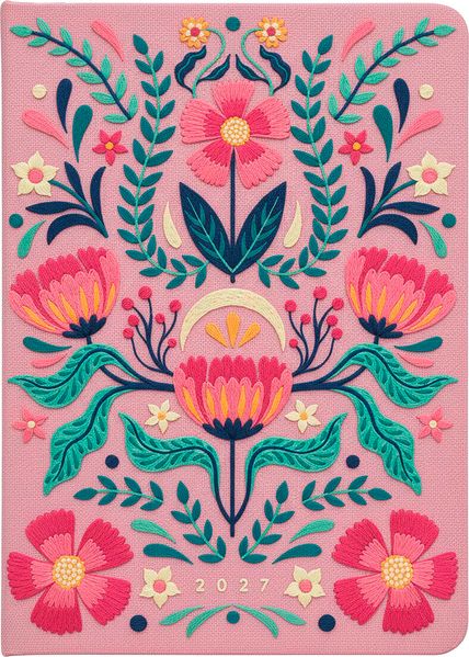 Produktbild: Taschenkalender A5 2027: Blütenmotiv, bestickt, rosa