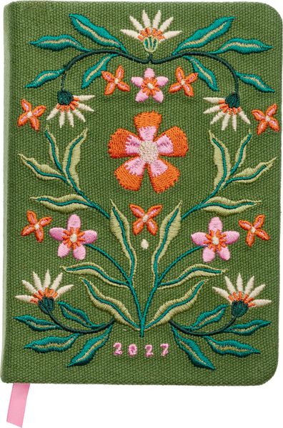 Produktbild: Taschenkalender A6 2027: Blütenmotiv, bestickt, grün