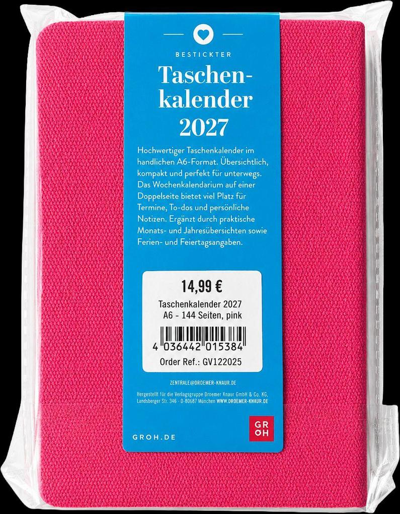 Weitere Ansicht: Taschenkalender A6 2027: Blütenmotiv, bestickt, pink