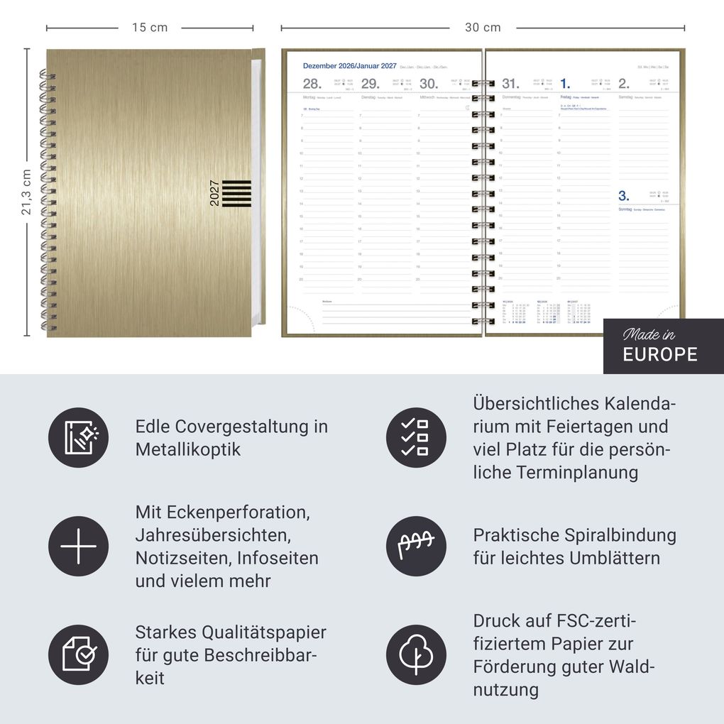 Weitere Ansicht: Wochen-Cheftimer A5, Alu gold 2027