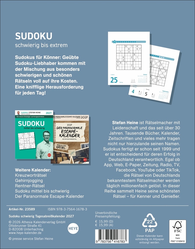 Weitere Ansicht: Stefan Heine Sudoku schwierig bis extrem Tagesabreißkalender 2027 | Stefan Heine