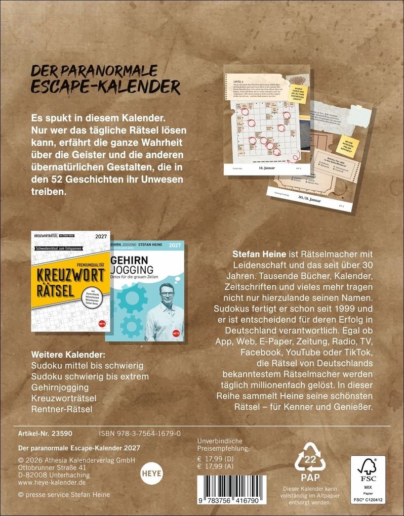 Weitere Ansicht: Stefan Heine Der paranormale Escape-Kalender 2027 | Stefan Heine