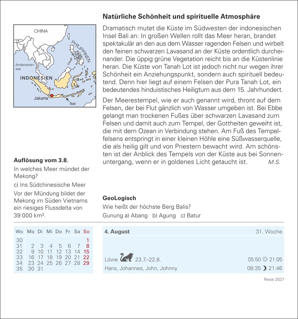 Weitere Ansicht: Reise Tagesabreißkalender 2027 - Kulturkalender - Städte, Menschen, Landschaften | Martina Schnober-Sen, Bernd Biege