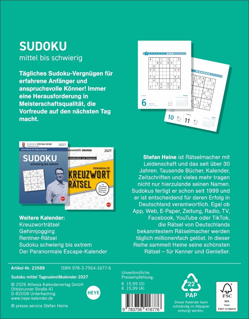 Weitere Ansicht: Stefan Heine Sudoku mittel bis schwierig Tagesabreißkalender 2027 | Stefan Heine