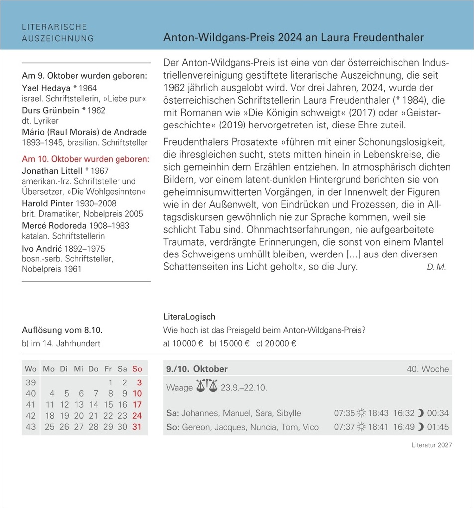 Weitere Ansicht: Literatur Tagesabreißkalender 2027 - Kulturkalender - Autoren, Werke, Hörbücher | Brigitte Lotz, Dirk Michel