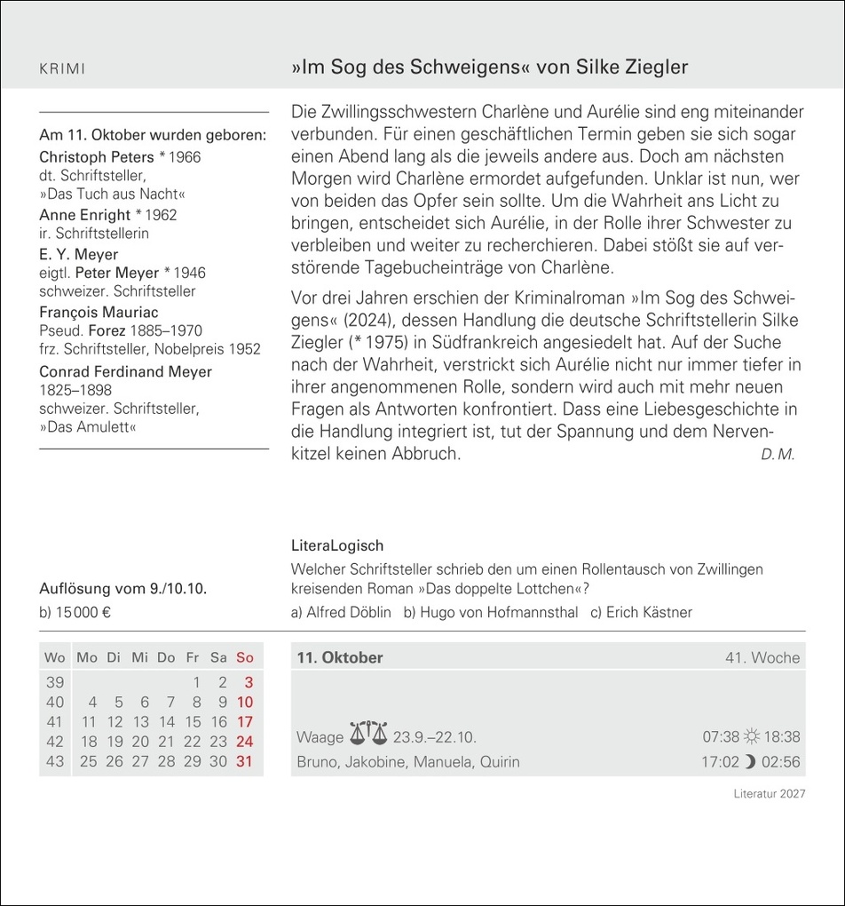 Weitere Ansicht: Literatur Tagesabreißkalender 2027 - Kulturkalender - Autoren, Werke, Hörbücher | Brigitte Lotz, Dirk Michel