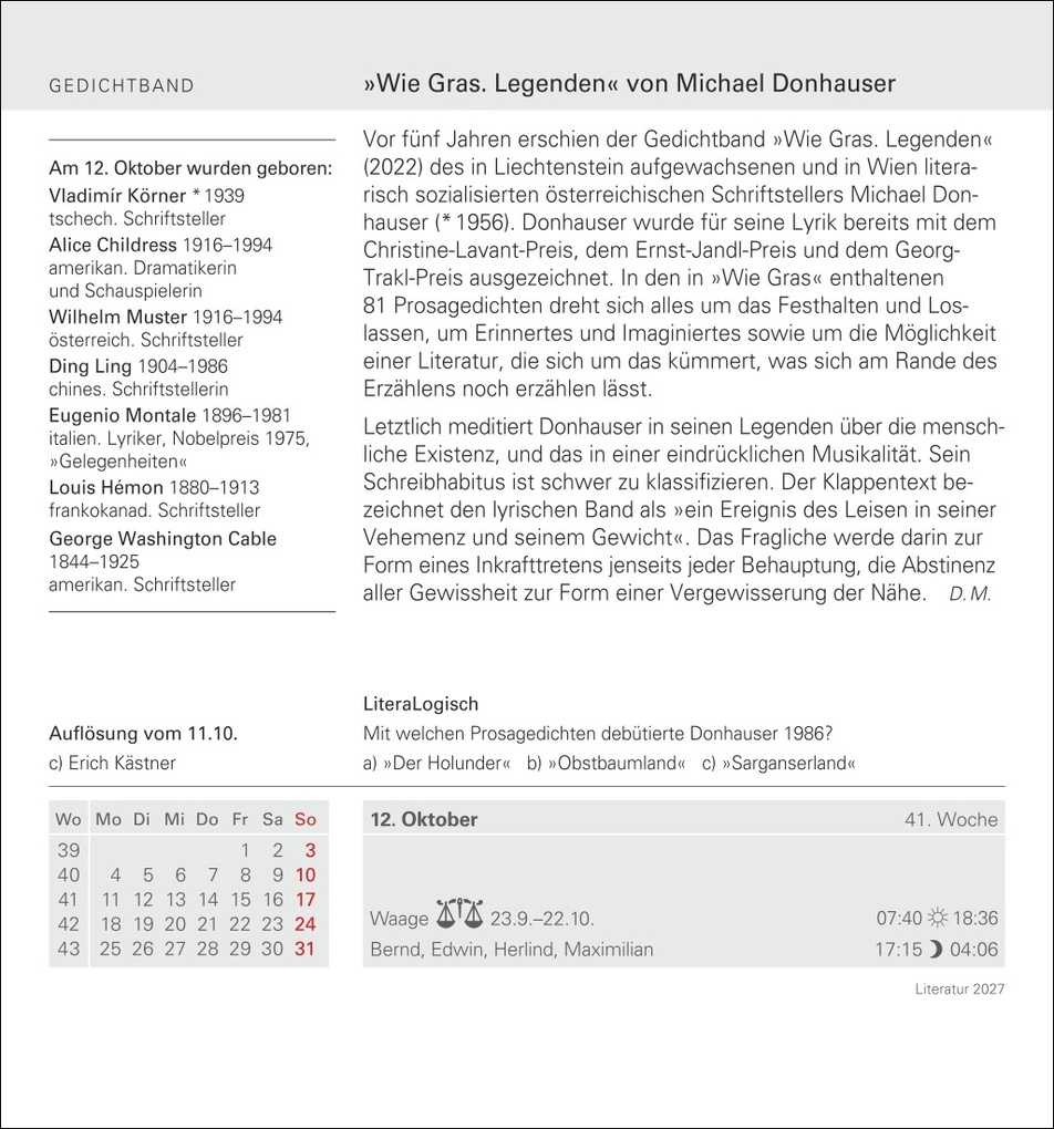 Weitere Ansicht: Literatur Tagesabreißkalender 2027 - Kulturkalender - Autoren, Werke, Hörbücher | Brigitte Lotz, Dirk Michel