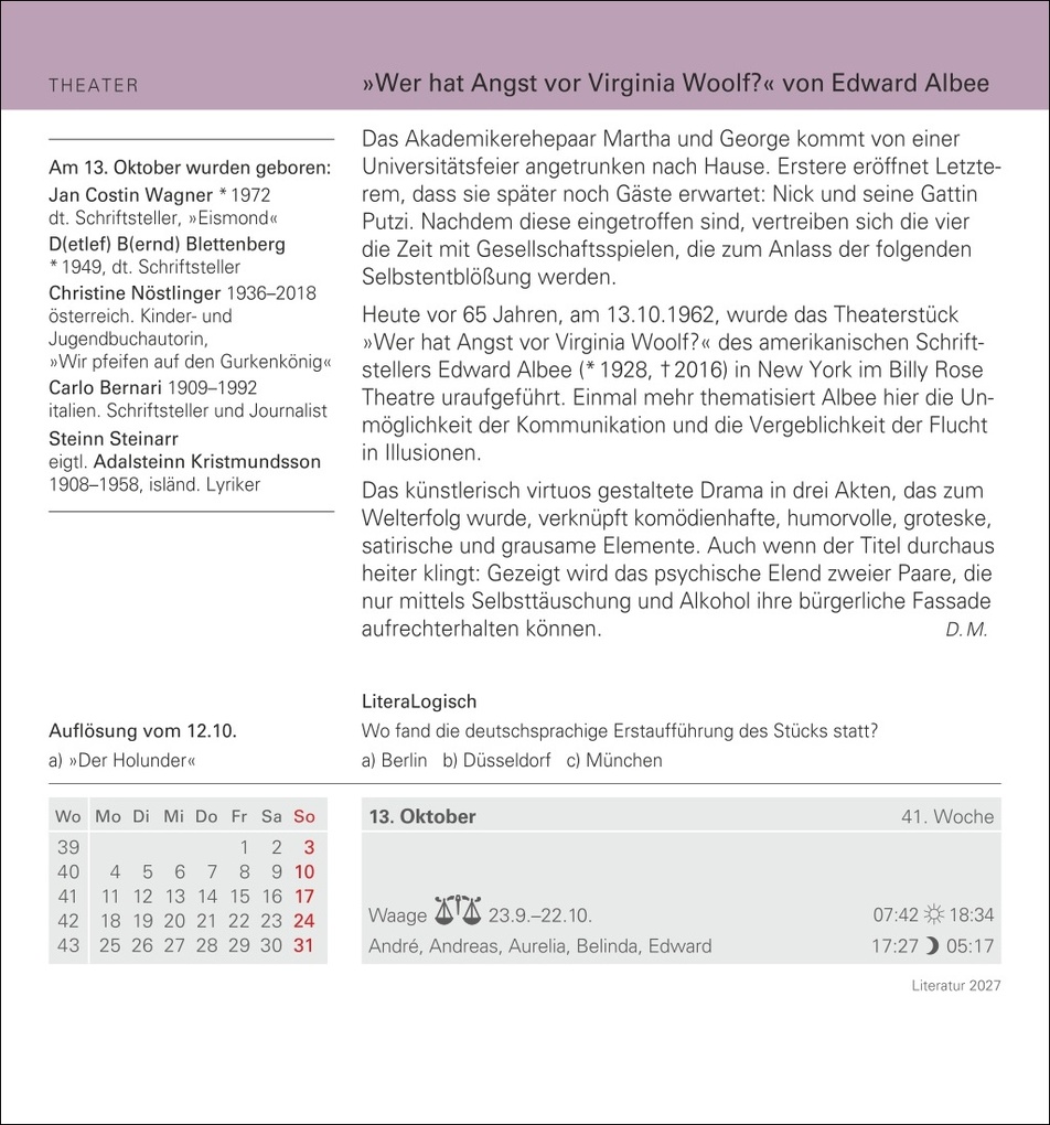 Weitere Ansicht: Literatur Tagesabreißkalender 2027 - Kulturkalender - Autoren, Werke, Hörbücher | Brigitte Lotz, Dirk Michel