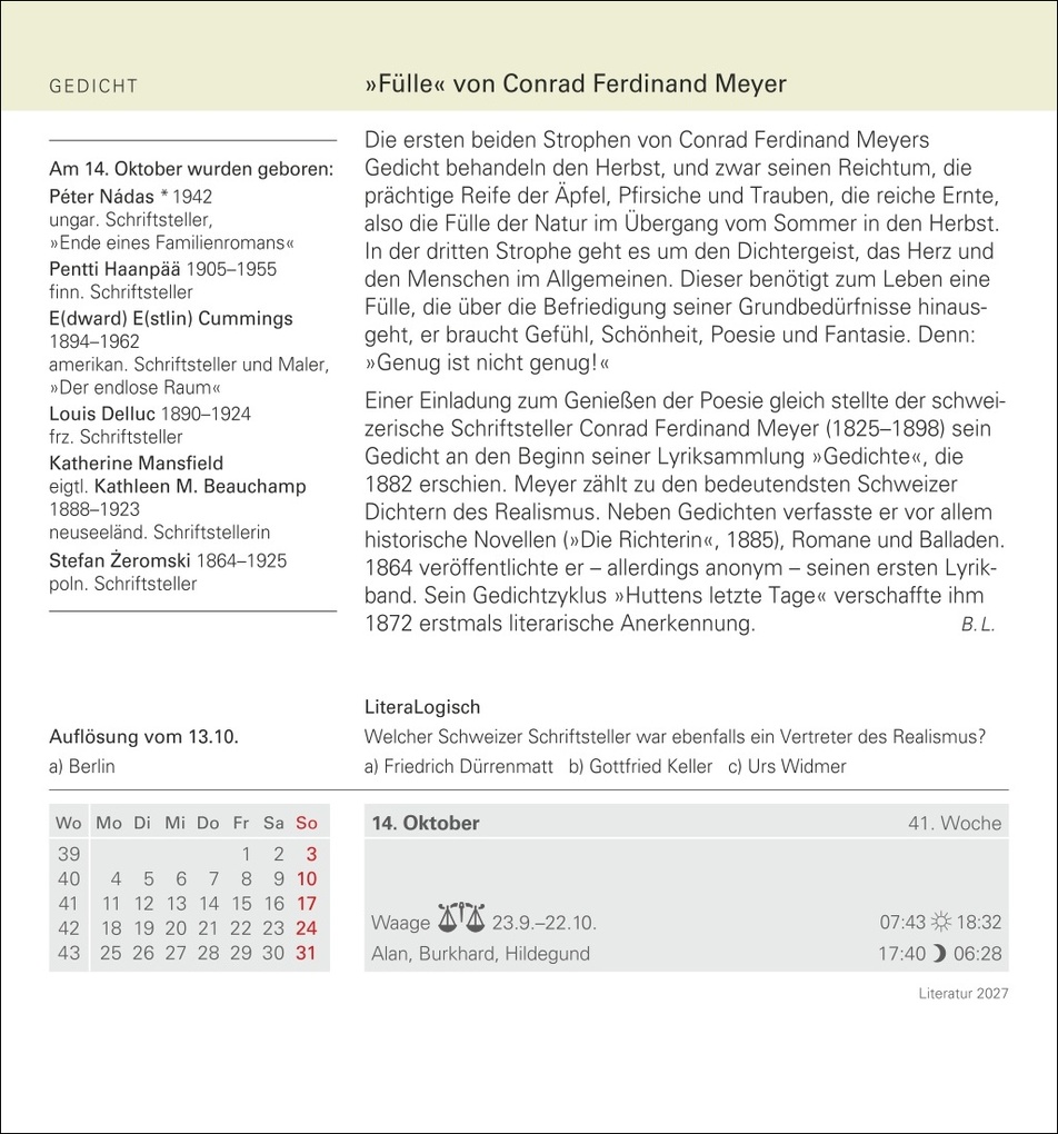 Weitere Ansicht: Literatur Tagesabreißkalender 2027 - Kulturkalender - Autoren, Werke, Hörbücher | Brigitte Lotz, Dirk Michel