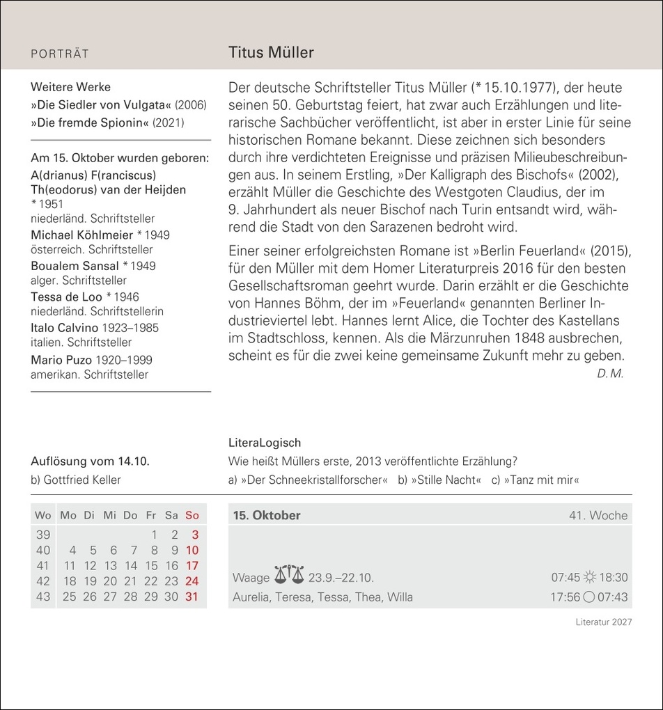 Weitere Ansicht: Literatur Tagesabreißkalender 2027 - Kulturkalender - Autoren, Werke, Hörbücher | Brigitte Lotz, Dirk Michel