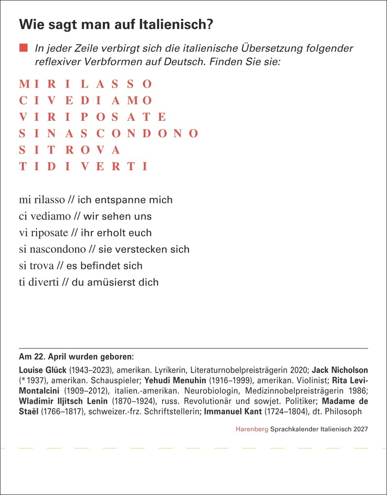 Weitere Ansicht: Italienisch Sprachkalender 2027 - Italienisch lernen leicht gemacht - Tagesabreißkalender | Carlotta Rainoldi