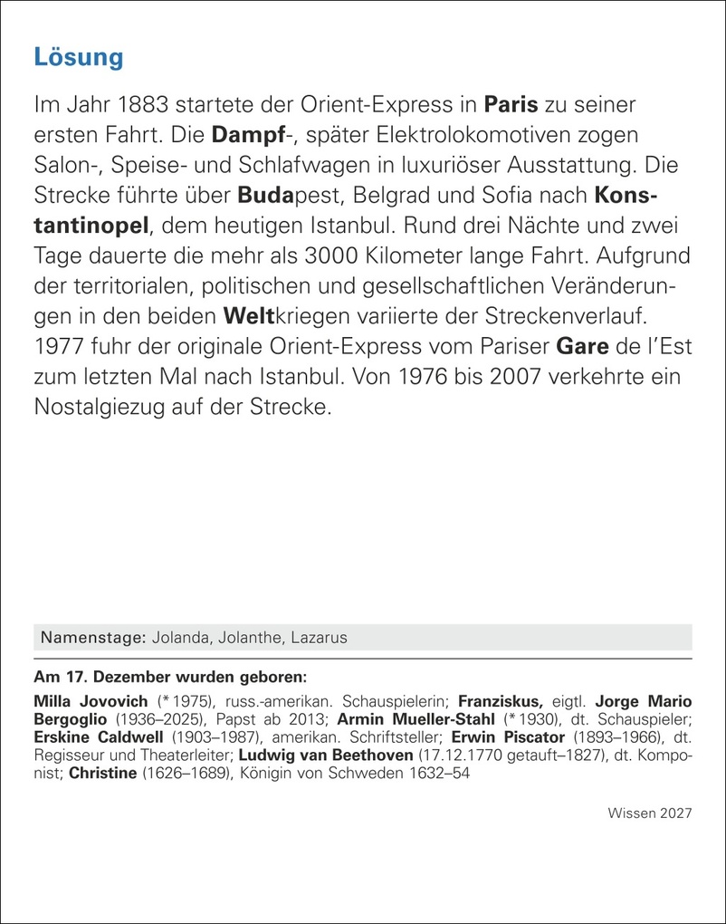 Weitere Ansicht: Wissen Tagesabreißkalender 2027 - Quizfragen aus Geschichte, Politik, Kultur, Technik und Sport | Berthold Budde