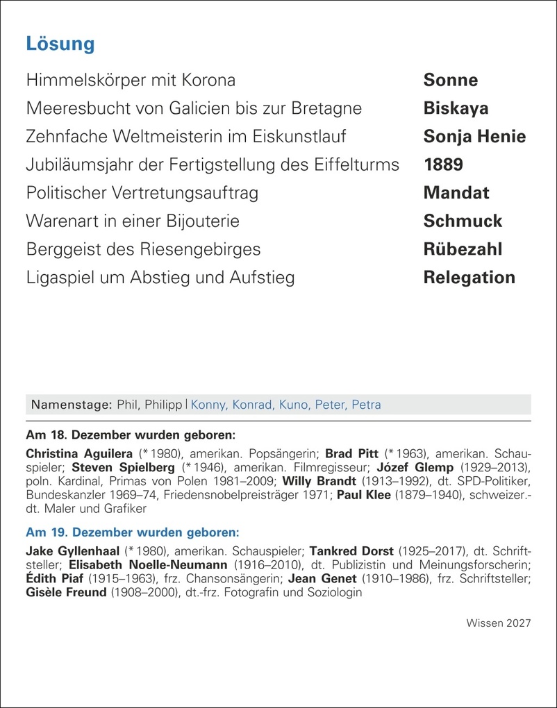 Weitere Ansicht: Wissen Tagesabreißkalender 2027 - Quizfragen aus Geschichte, Politik, Kultur, Technik und Sport | Berthold Budde