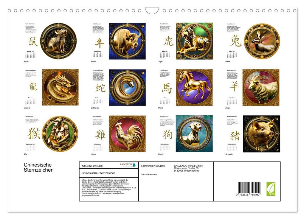 Weitere Ansicht: Chinesische Sternzeichen (Wandkalender 2027 DIN A3 quer), CALVENDO Monatskalender | Calvendo, Claudia Kleemann