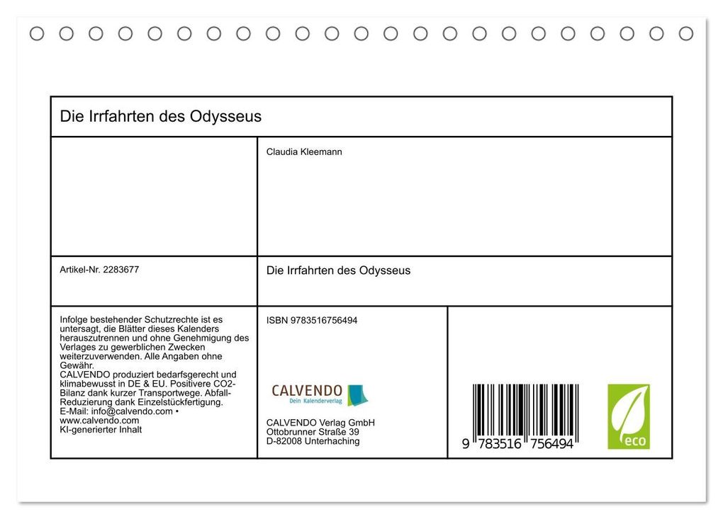 Weitere Ansicht: Die Irrfahrten des Odysseus (Tischkalender 2027 DIN A5 quer), CALVENDO Monatskalender | Calvendo, Claudia Klemann