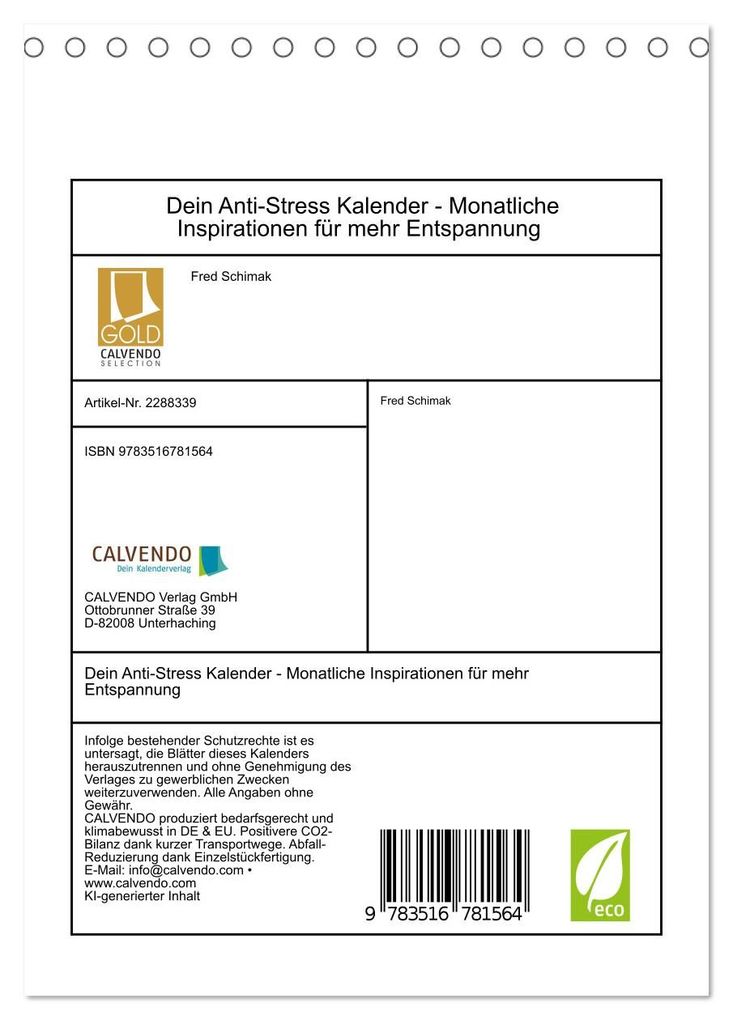 Weitere Ansicht: Dein Anti-Stress Kalender - Monatliche Inspirationen für mehr Entspannung (Tischkalender 2027 DIN A5 hoch), CALVENDO Monatskalender | Fred Schimak, Calvendo