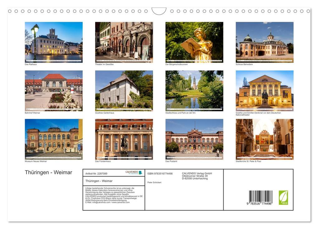 Weitere Ansicht: Thüringen - Weimar (Wandkalender 2027 DIN A3 quer), CALVENDO Monatskalender | Peter Schickert, Calvendo