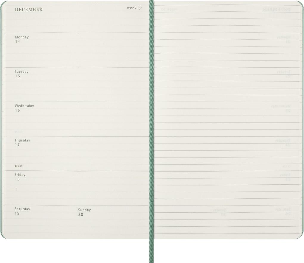Weitere Ansicht: Moleskine 18 Monate Wochen Notizkalender 2026/2027, L/A5, 1 Wo = 1 Seite, rechts linierte Seite, fester Einband, Salbeigrün