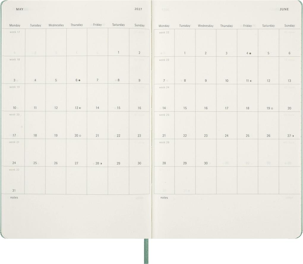 Weitere Ansicht: Moleskine 18 Monate Wochen Notizkalender 2026/2027, L/A5, 1 Wo = 1 Seite, rechts linierte Seite, fester Einband, Salbeigrün