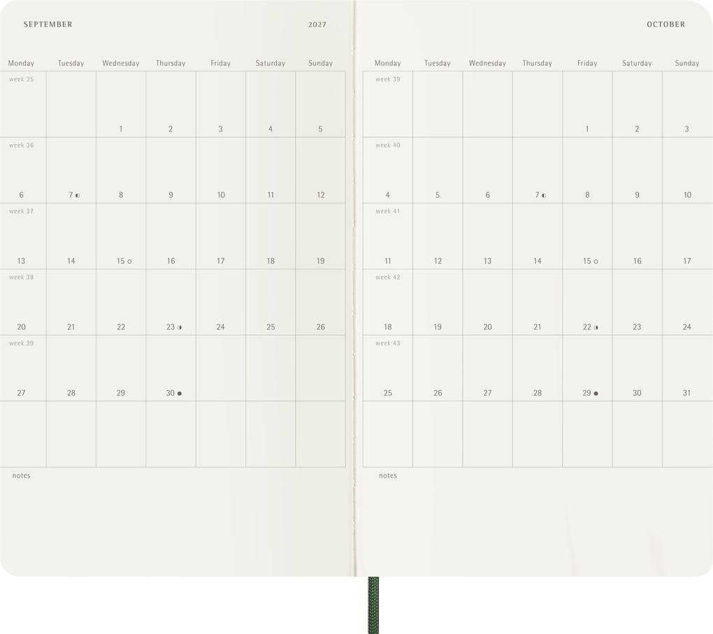 Weitere Ansicht: Moleskine 18 Monate Wochen Notizkalender 2026/2027, L/A5, 1 Wo = 1 Seite, rechts linierte Seite, weicher Einband, Myrtengrün<BR>