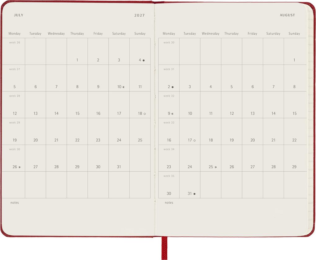 Weitere Ansicht: Moleskine 12 Monate Wochen Notizkalender 2027, Pocket/A6, 1 Wo = 1 Seite, rechts linierte Seite, Fester Einband, Scharlachrot