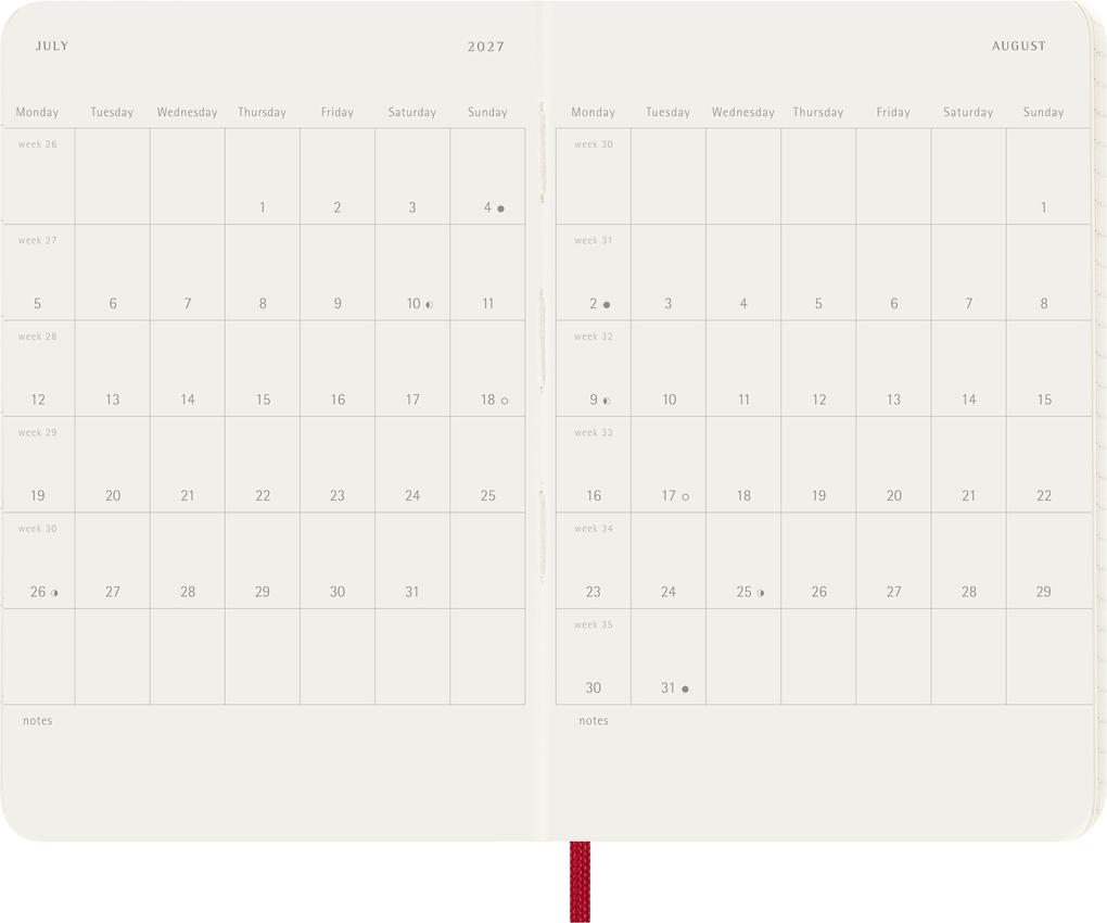 Weitere Ansicht: Moleskine 12 Monate Wochen Notizkalender 2027, Pocket/A6, 1 Wo = 1 Seite, rechts linierte Seite, Weicher Einband, Scharlachrot