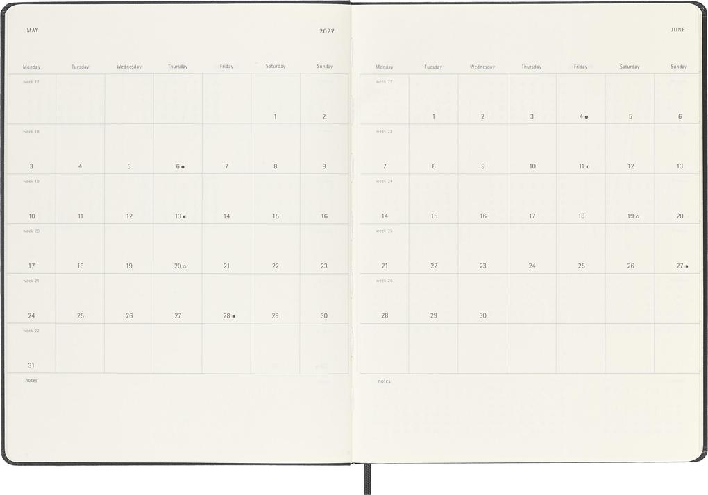 Weitere Ansicht: Moleskine 12 Monate Wochen Notizkaledner 2027, XL, 1 Wo = 1 Seite, rechts linierte Seite, fester Einband, Schwarz