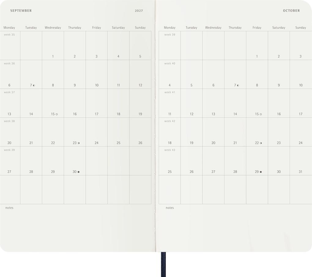 Weitere Ansicht: Moleskine 12 Monate Wochen Notizkalender 2027, Large/A5, 1 Wo = 1 Seite, rechts linierte Seite, Weicher Einband, Saphir
