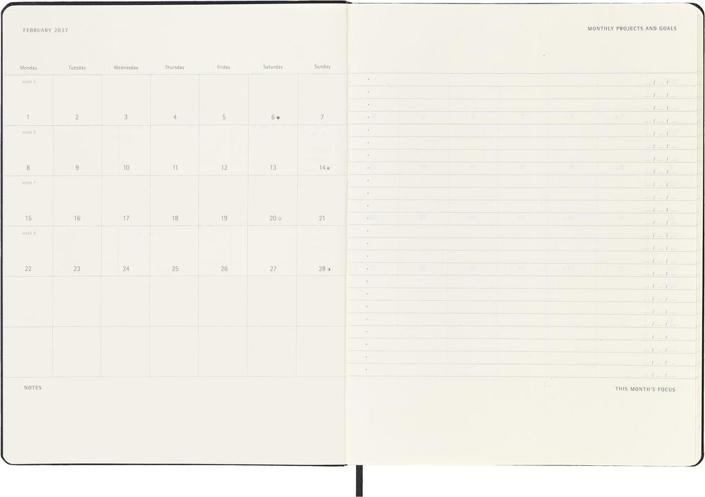 Weitere Ansicht: Moleskine 12 Monate Pro Wochen Notizkalender 2027, Pro XL, 1 Wo = 2 Seiten, vertikal, Spalten für Notizen, fester Einband, Schwarz<BR>
