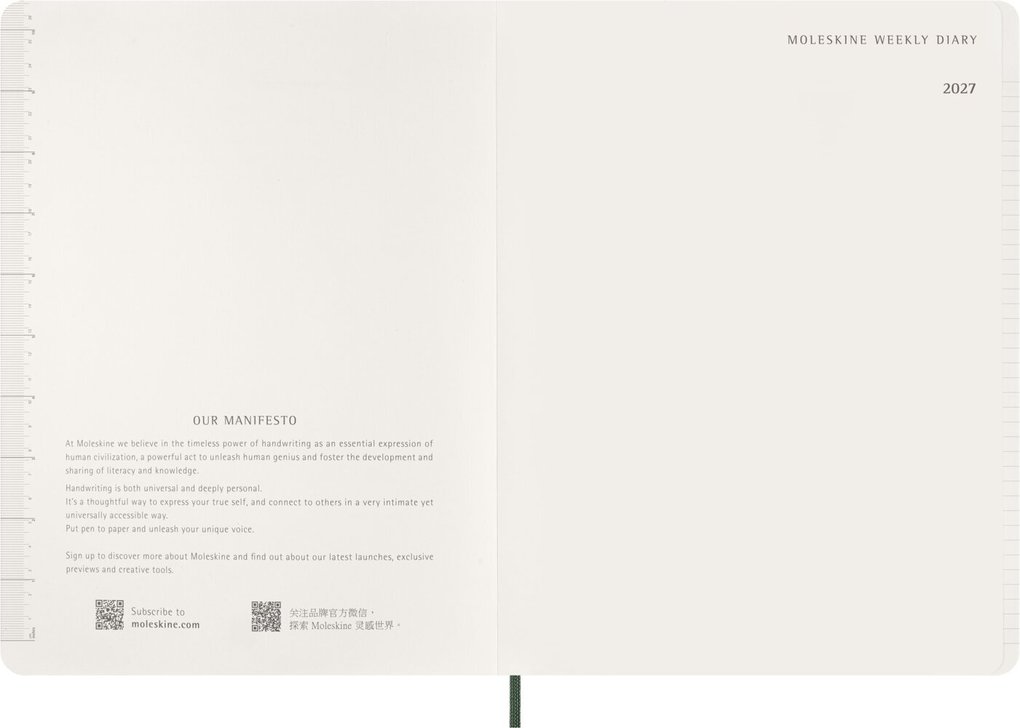 Weitere Ansicht: Moleskine 15 Monate Essential WochenKalender 2026/2027, 1 Wo = 2 Seiten, vertikal, XXL, weicher Einband, Myrtengrün