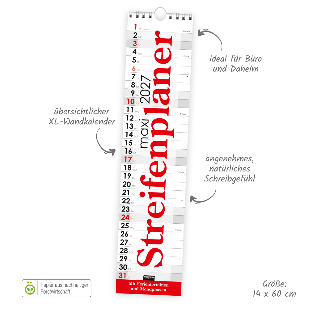 Weitere Ansicht: TRÖTSCH - Streifenkalender Maxi Rot 2027