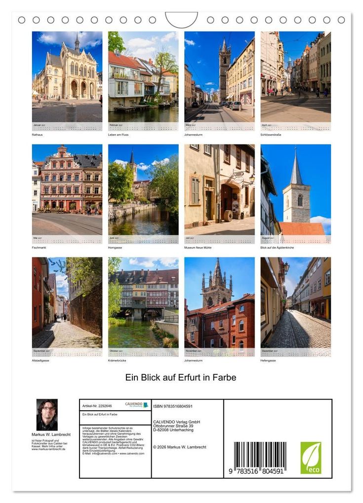 Weitere Ansicht: Ein Blick auf Erfurt in Farbe (Wandkalender 2027 DIN A4 hoch), CALVENDO Monatskalender | Markus W. Lambrecht, Calvendo