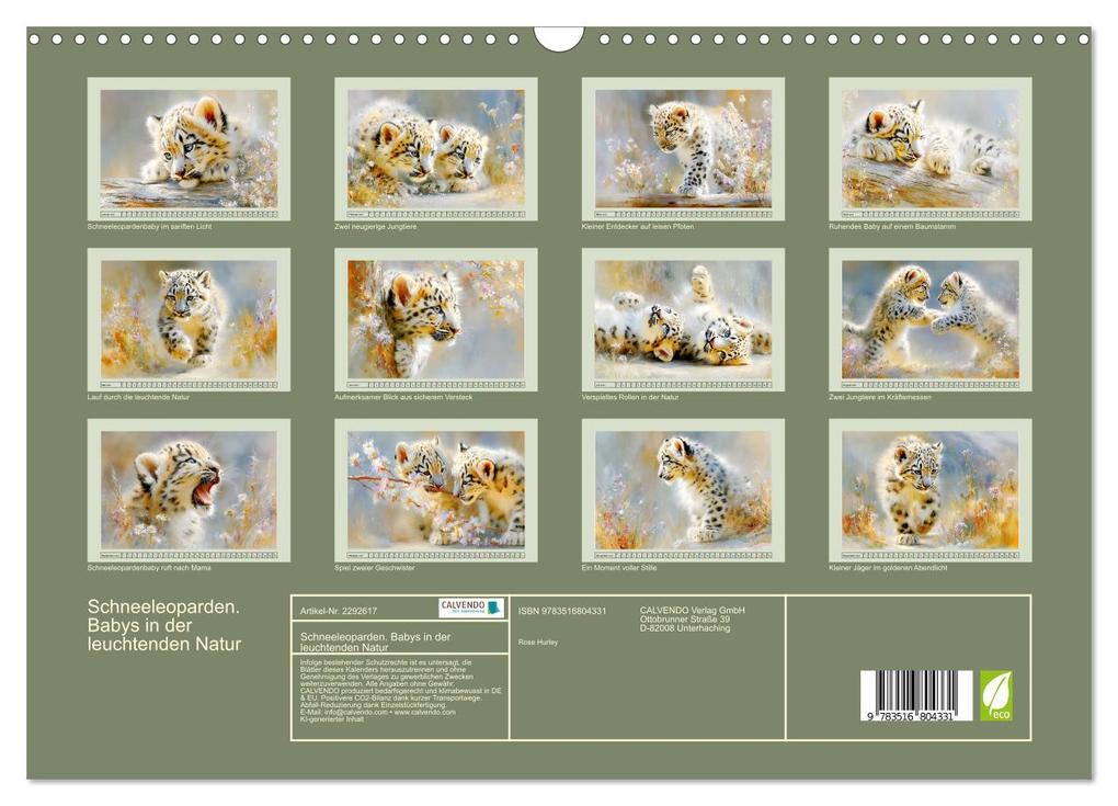 Weitere Ansicht: Schneeleoparden. Babys in der leuchtenden Natur (Wandkalender 2027 DIN A3 quer), CALVENDO Monatskalender | Rose Hurley, Calvendo
