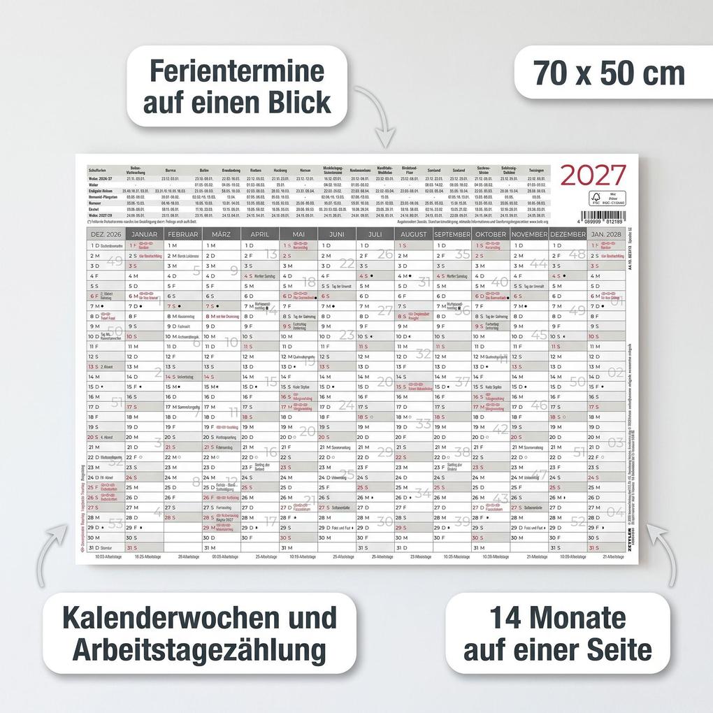 Weitere Ansicht: Kleiner Wandplaner 1 Stk. gerollt 2027 | Neumann Verlage GmbH & Co. KG